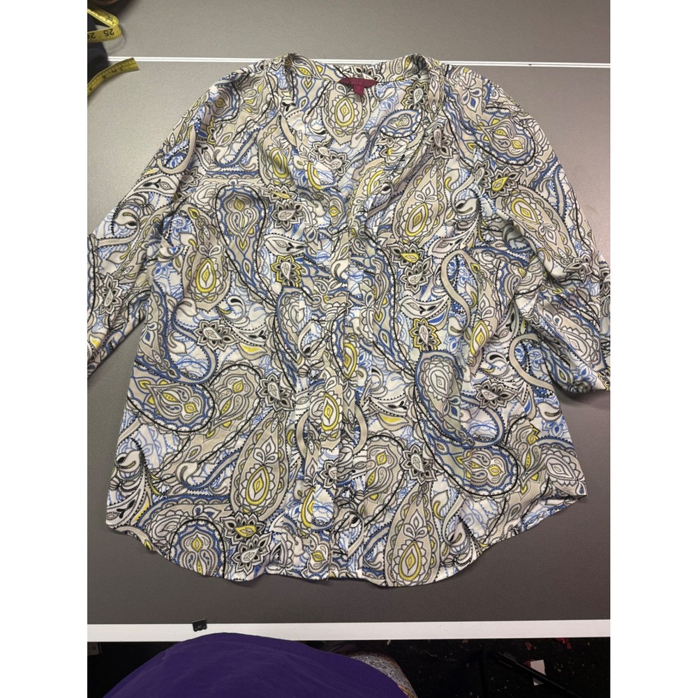 212 Collection Womens XL Paisley Blouse Blue Yellow 3/4 Sleeve V-Neck Top‎